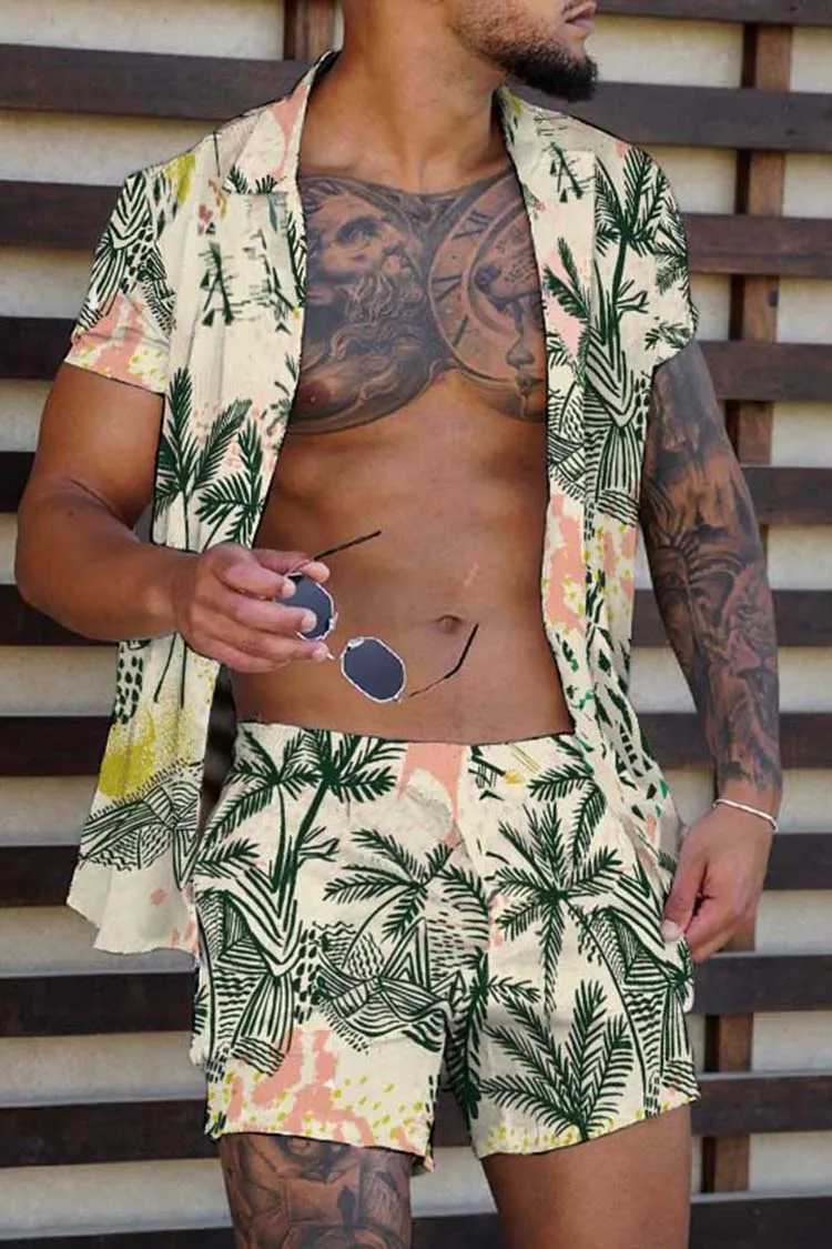 Fashionable Hawaiian printed mens 2-piece set luxurious 3D printed holiday set short sleeved casual beach shirt 2-piece mensXJ250218