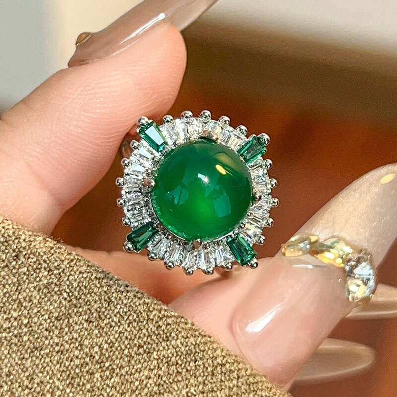 New set of copper jewelry S sier needle inlaid high ice green chalcedony goddess long earrings ring