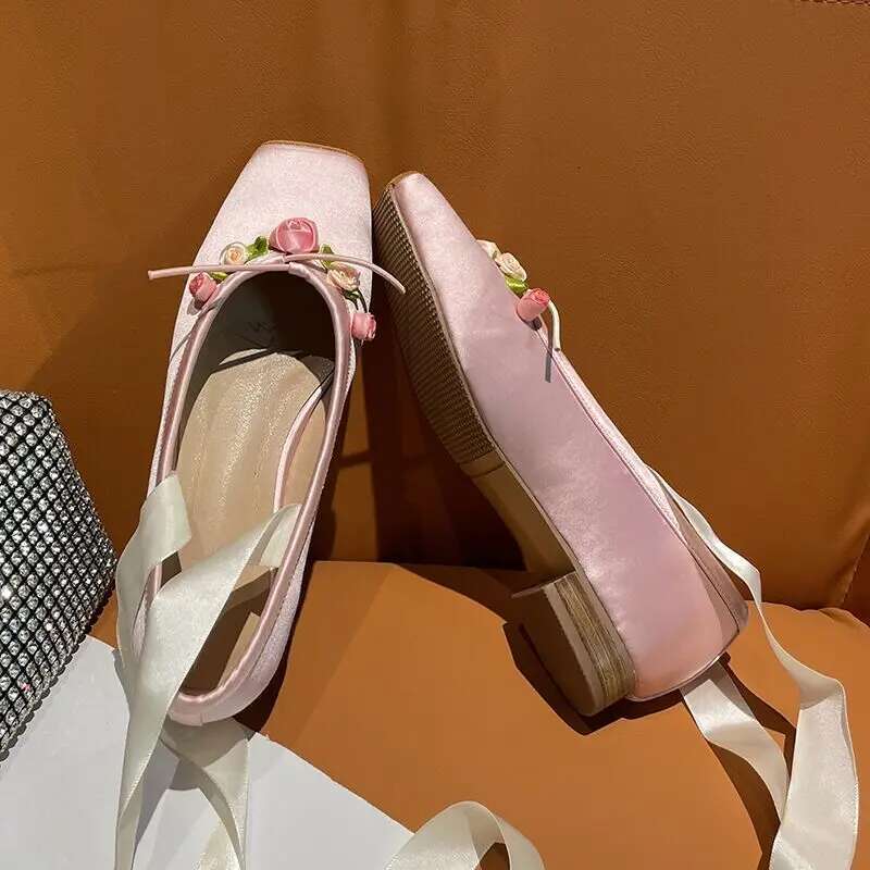 Square toe silk pink ballet wer lace up chunky heel women casual shoes