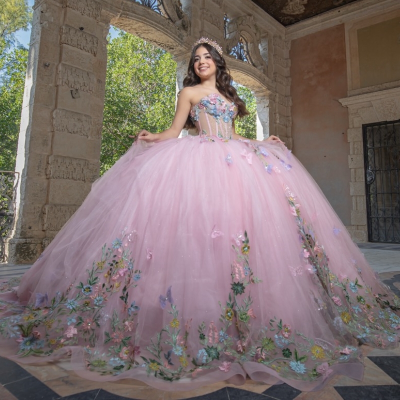 Pink Shiny Quinceanera Dresses Ball Gown Off Shoulder Appliques Lace Bow Beads Tull Sweet 16 Dress Vestidos 15 De Anos