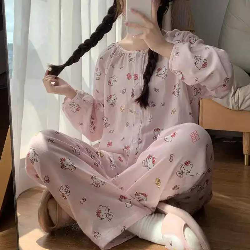 Hello Kittys Womens Pajamas Sanrioed Anime Printed Sleepwear Pants Set Spring Autumn Kawaii Cartoon Soft Casual Girl Loungewear Z250219
