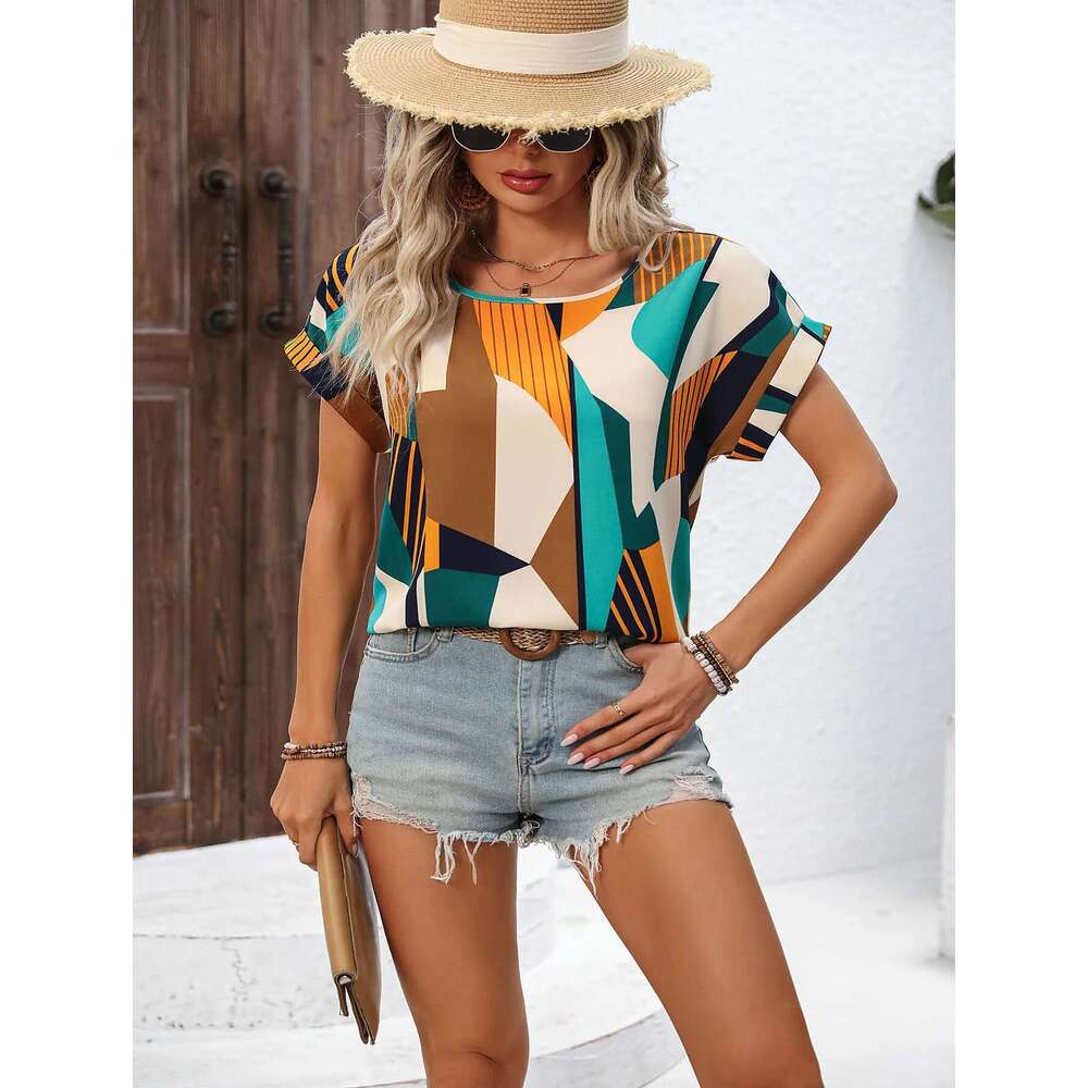 European American Cross-Border Women's Fashionable And Elegant Geometric Pattern Printed Bat Sleeve Shirt