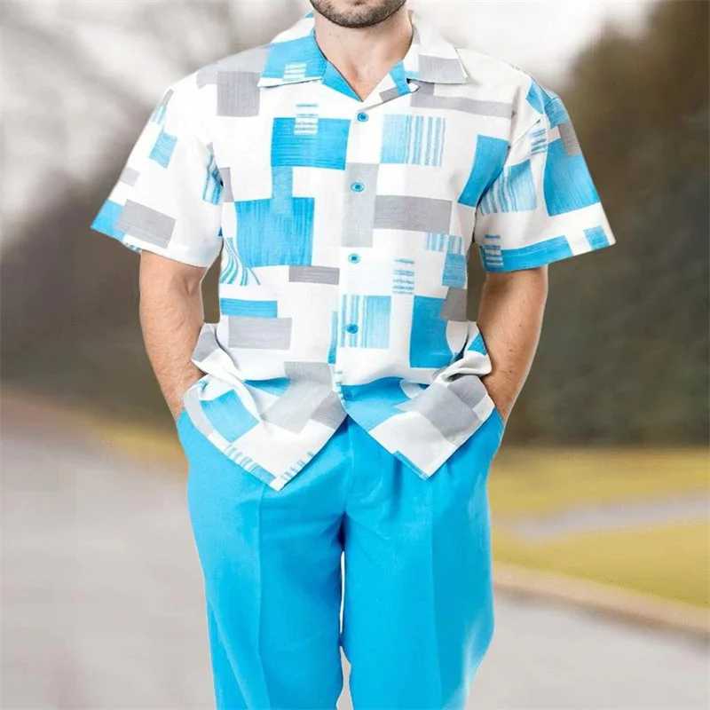 Mens tops + trousers casual fashion suit shirt pants 2-piece set summer new print mens wear Harajuku retro party outdoor menXJ250218