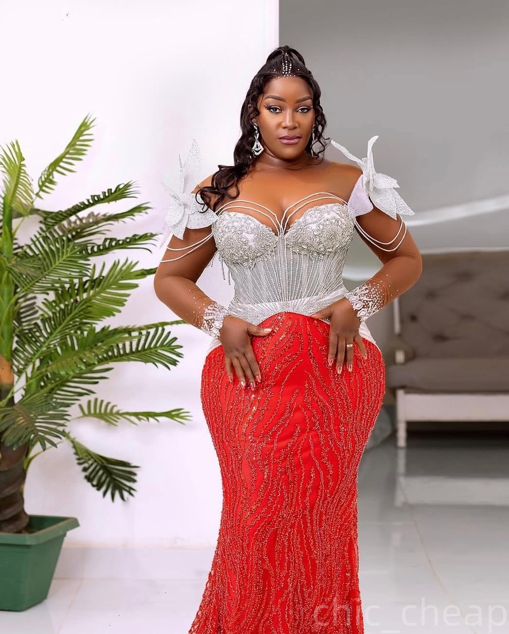 Aso Ebi Red Mermaid Prom Dresses 2025 Beaded Crystals Flowers Sequined Evening Formal Party Second Birthday Engagement Gowns Plus Size Dress For Speci