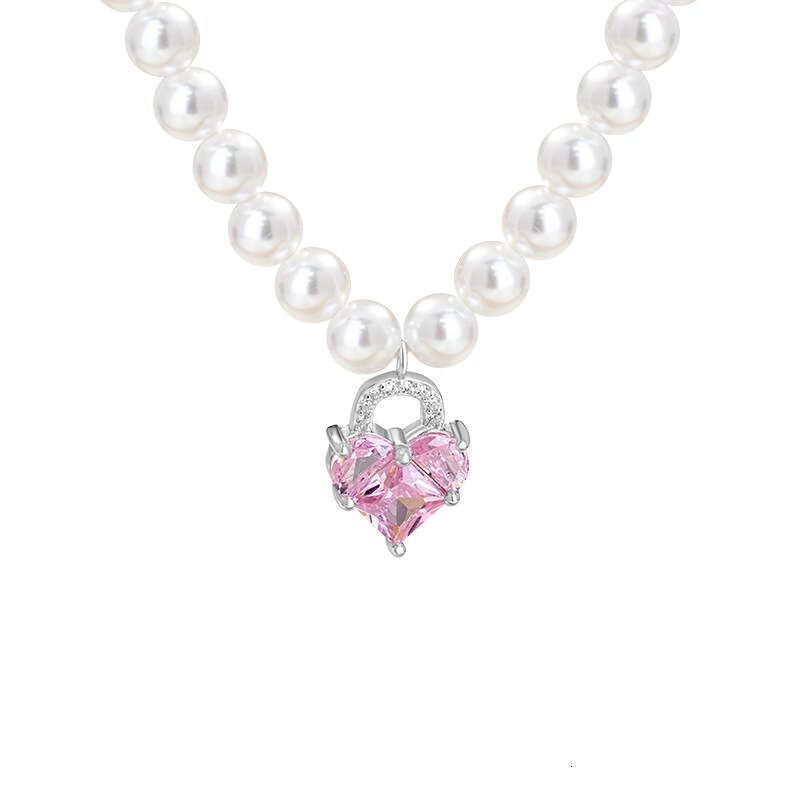 Love pure sier Shijia pearl necklace for women, light and sweet style, pink zircon collarbone chain, ins lock head pendant