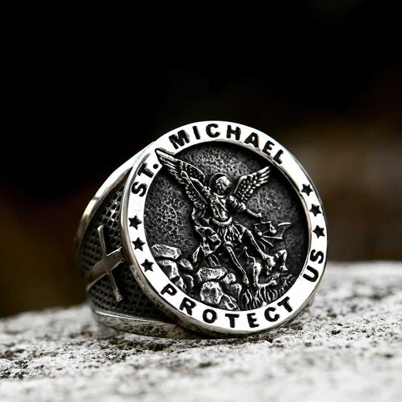 2023 new Steel Soldier Cool Stainless Steel Silver Color Christian Lorraine Archangel Michael Cross Titanium steel RingsXJ250219
