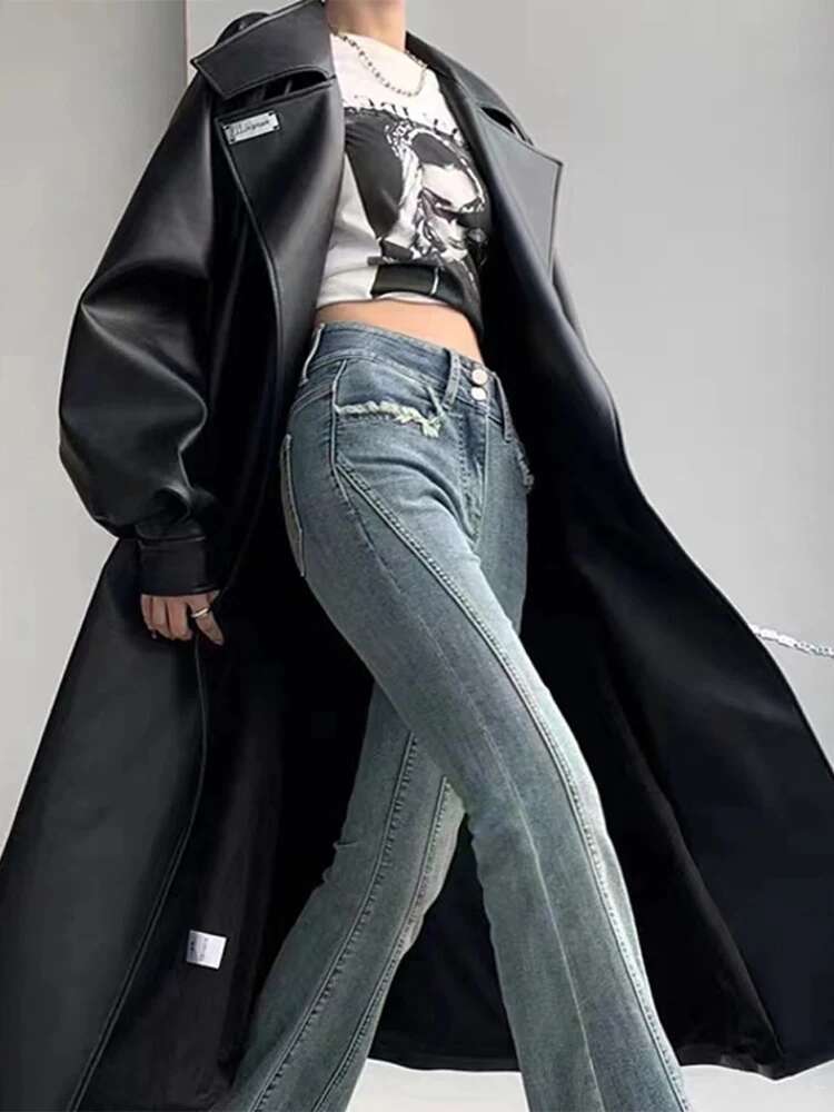 Oversized Leather Trench Coat For Women Long Sleeve Lapel Loose Lady Jacket With Belt Autumn New Vintage Streetwear