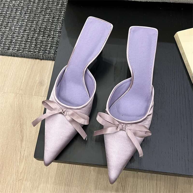 Spring Summer Silk Butterfly-knot Women's Slippers Sandals Pointed Toe High Heel Pumps Ladies Stripper Mules Shoe