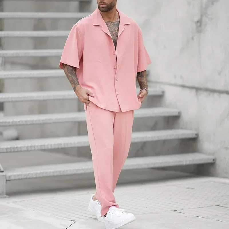 Summer Fashion Shirts and Pants Two-piece Mens Sets New Trend Solid Color Male Suit Pink Large Size Sweatshirts Ropa HombreXJ250218