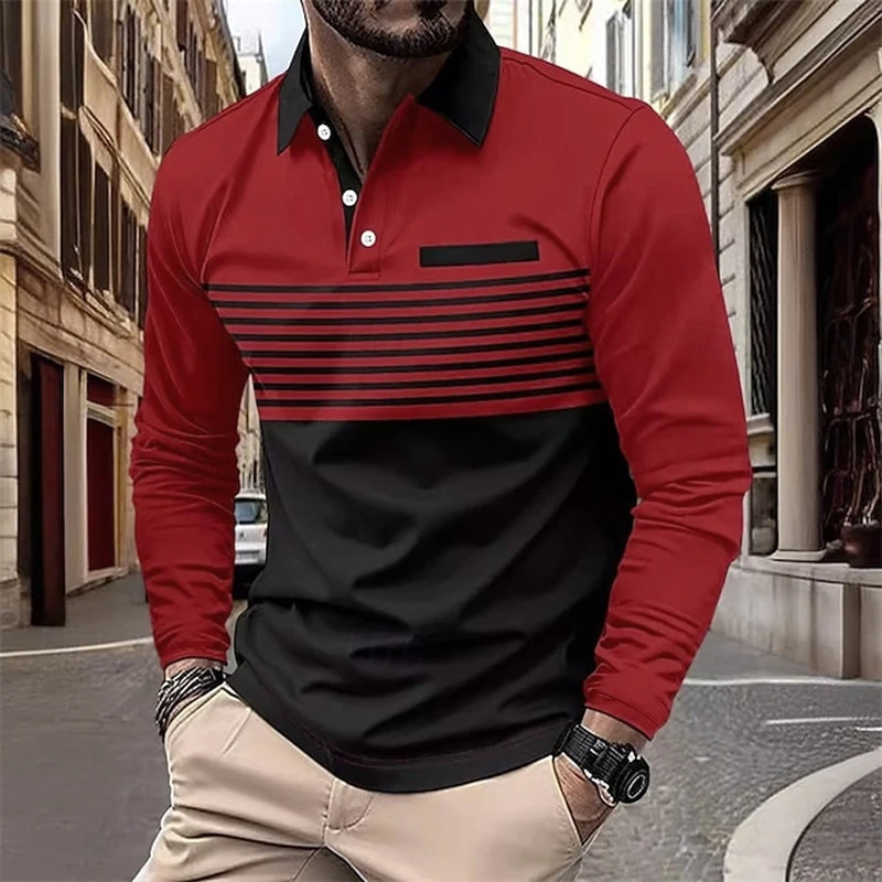 Mens Golf Shirt Polo Work Casual Collar Long Sleeve Basic Modern Stripe Button SpringSummer Regular Suitable for 250219