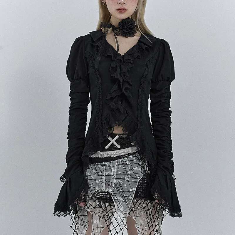 Karrcat Gothic Black Lace Dark Aesthetic Irregular Blouses Yamamoto Style Grunge Flare Sleeve V-neck Shirt Vintage Y2k Emo