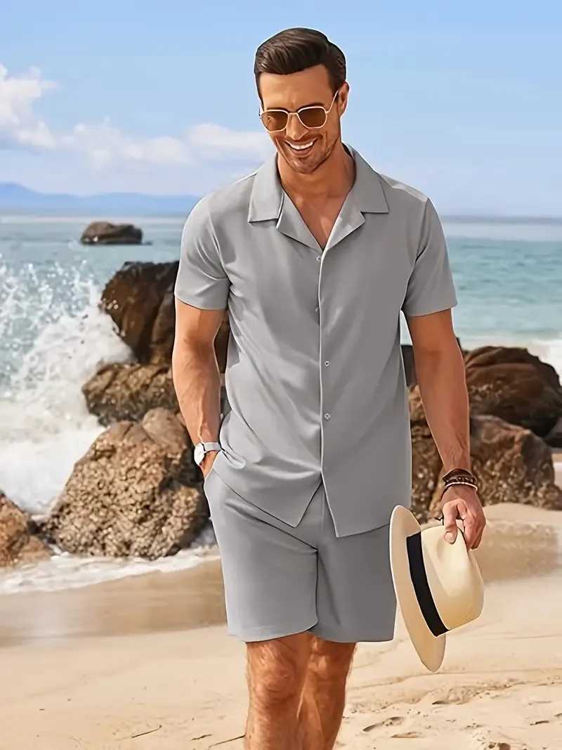 Summer Mens Shirt Suit Simple Solid Beach Short Sleeve Casual Lapel Shirt Oversized Beach Shorts Hawaii Suit ClothingXJ250218