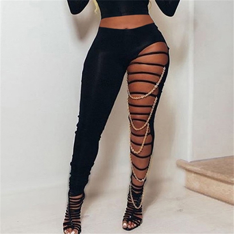hirigin Sexy High Waist Ripped Leggings Women Black Slim Holes Trousers With Gold Chain Pencil Pants Casual Fashion Clothing 250218