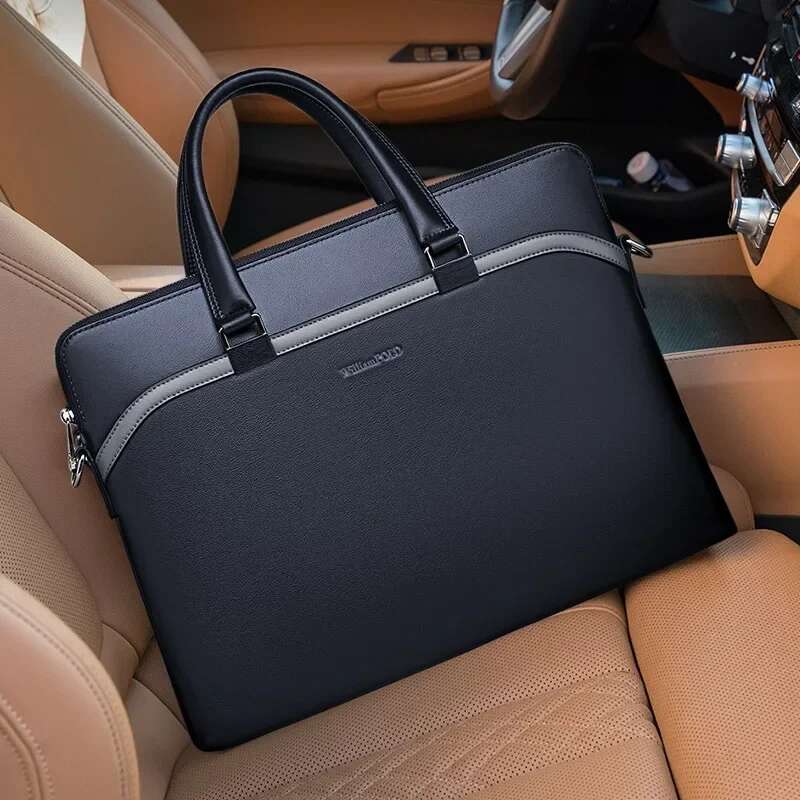 Men's Briefcase Leather Document Bun Top Layer Cowhide 15 Inch Computer Bag Elegant Business Handbag