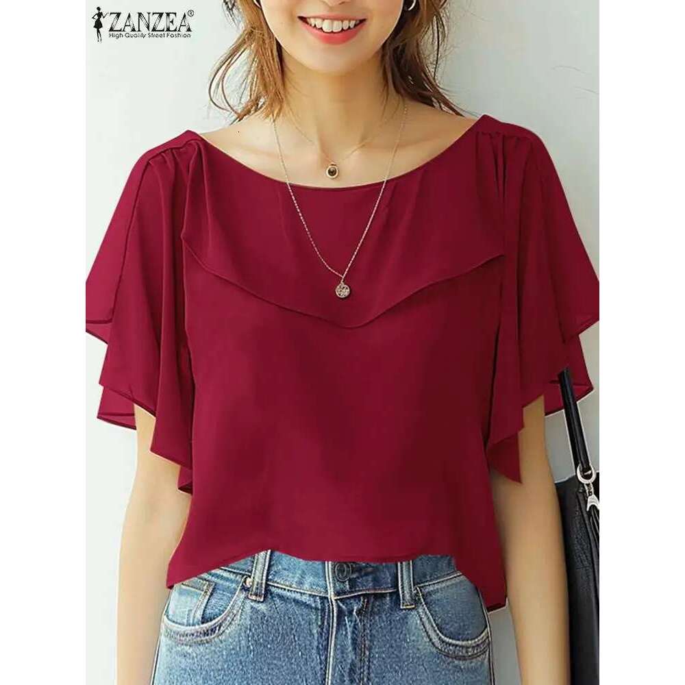 ZANZEA Summer Women Chiffon Blouse Elegant Short Sleeve Tops Shirt 2024 Korean Fashion Casual Tunic Chic Ruffle Hem Blusa