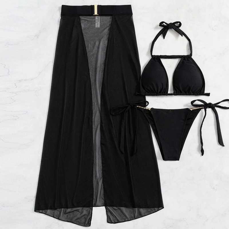 Women Sexy Thr Piece Bikini Set Solid Mid Open Mesh Skirts 3 Pcs Bathing Suits Halter Neck Tops Two Side Belt Beachwear 2025 W250219