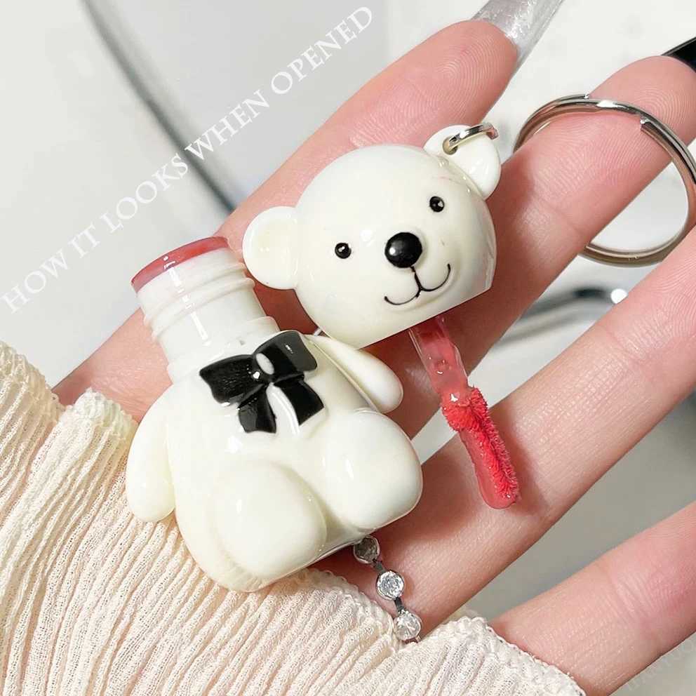 Keychain Lip Glaze Cute Bear Jelly Mirror Liquid Lipstick Waterproof Non-stick Cup Red Pink Lip Gloss Transparent Tinted MakeupW250219