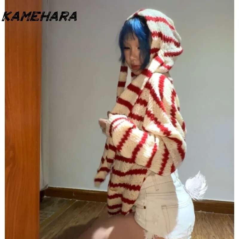 KAMEHARA Japanese Y2k Hooded Cardigan 2000s Aesthetics Rabbit Ears Zipper Knitwear Vintage Haruku Red Stripe Sweater Grunge
