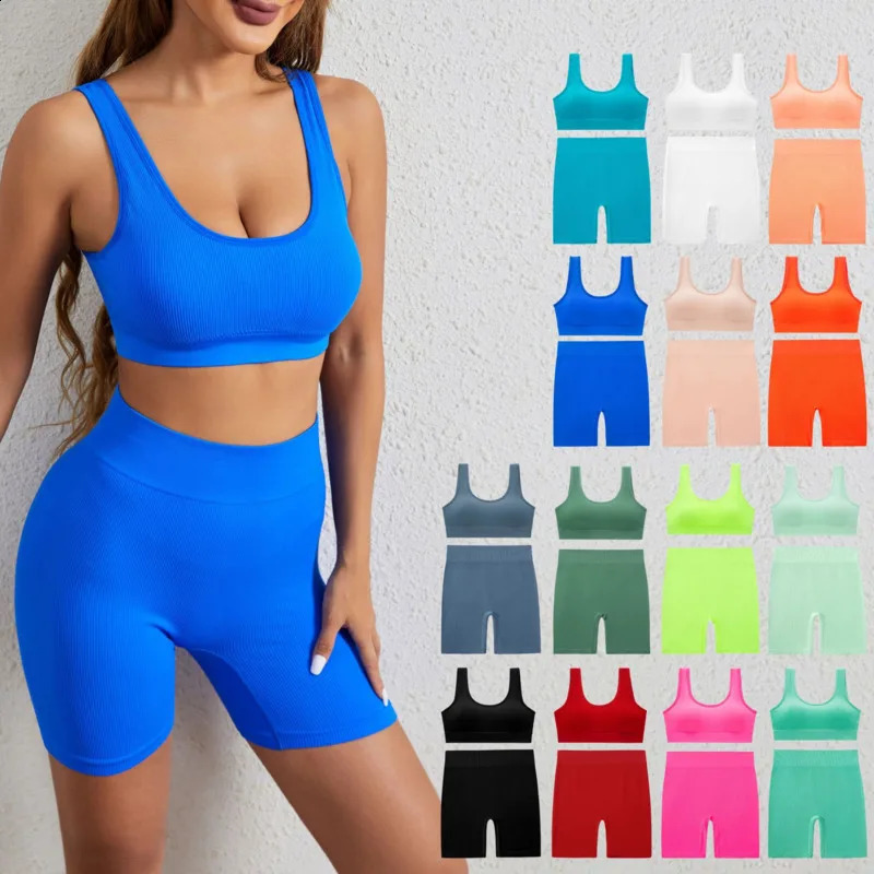 Yoga Sets Womens Outfits Peach Hip Lifting Suit Neck Hanging Sports Bra Shockproof Quick Drying Shorts Set Female Tracksuit 250219