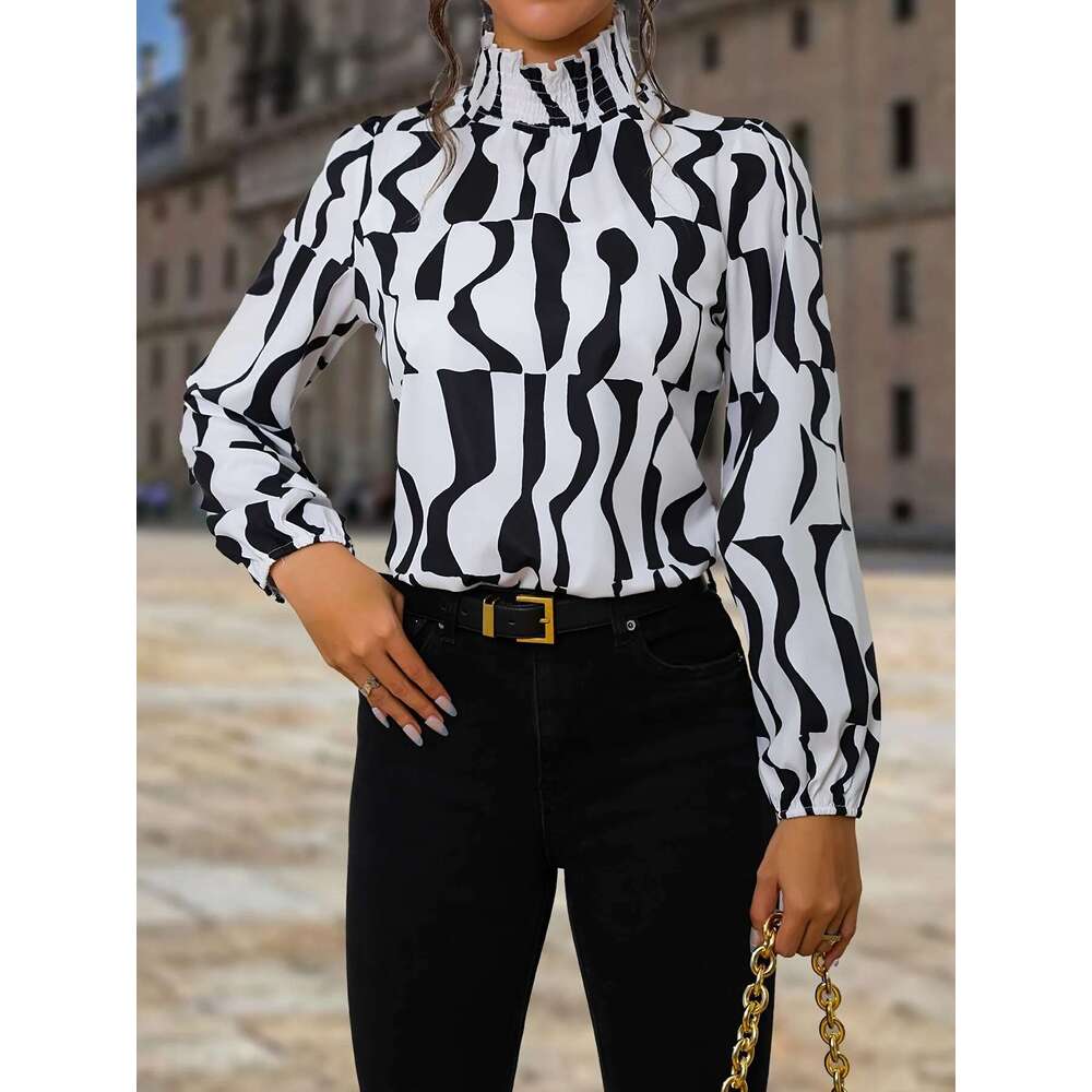 New Black Zebra Print Elegant Lantern Long Sleeve Shirt, Women's Wear