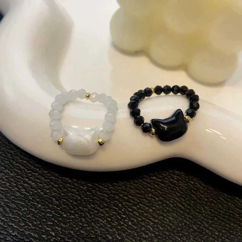 1pcs Natural Moonstone Obsidian Rings Beads Minimalist Fidget Ring Cute Black White Cat Ring Women Men Party Accessories JewelryXJ250219