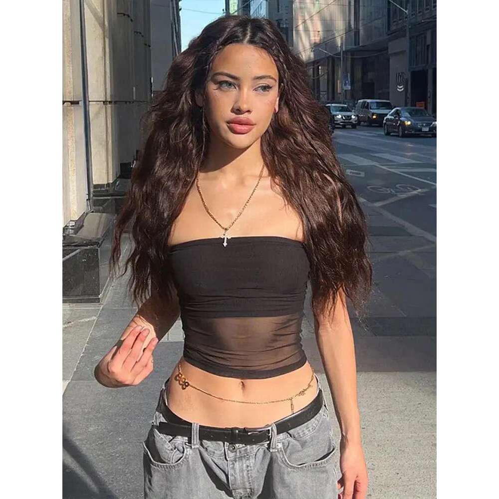 Sexy Vest Mesh Corset Black Crop Women Patchwork Tube Top Sexy Sleeveless Off Shoulder Cami Summer Streetwear Slim Strapless Tank Tops