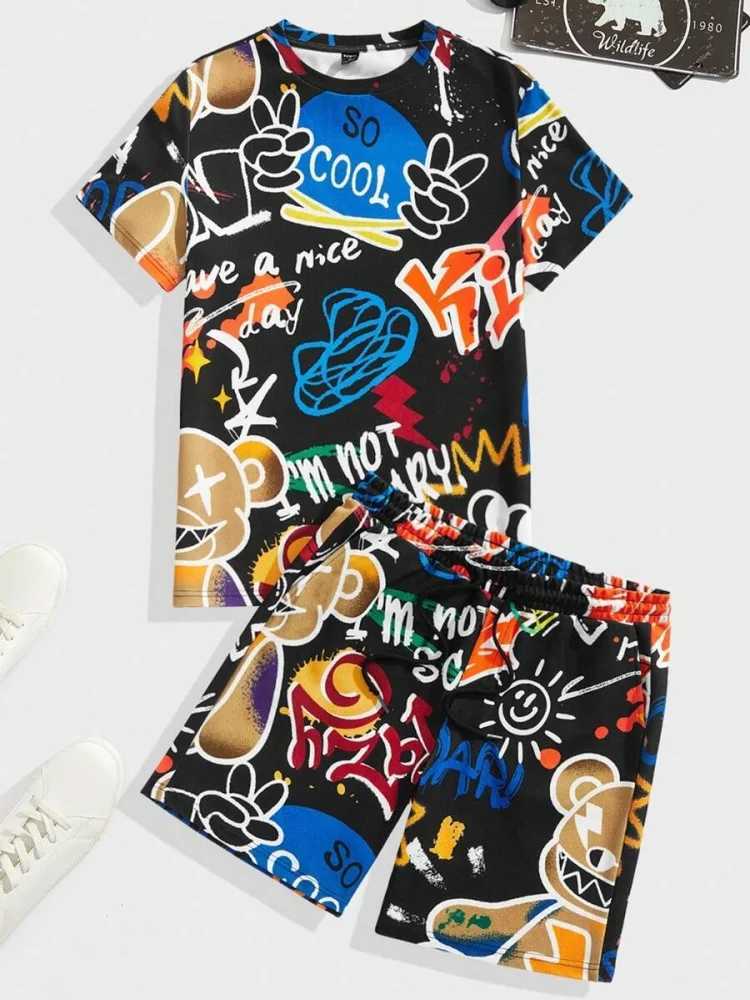 3D Graffiti Print Mens Fashion Short Sleeve Shorts Set Summer Casual Everyday Mens T-shirt Outdoor Street Mens Beach ShortsXJ250218