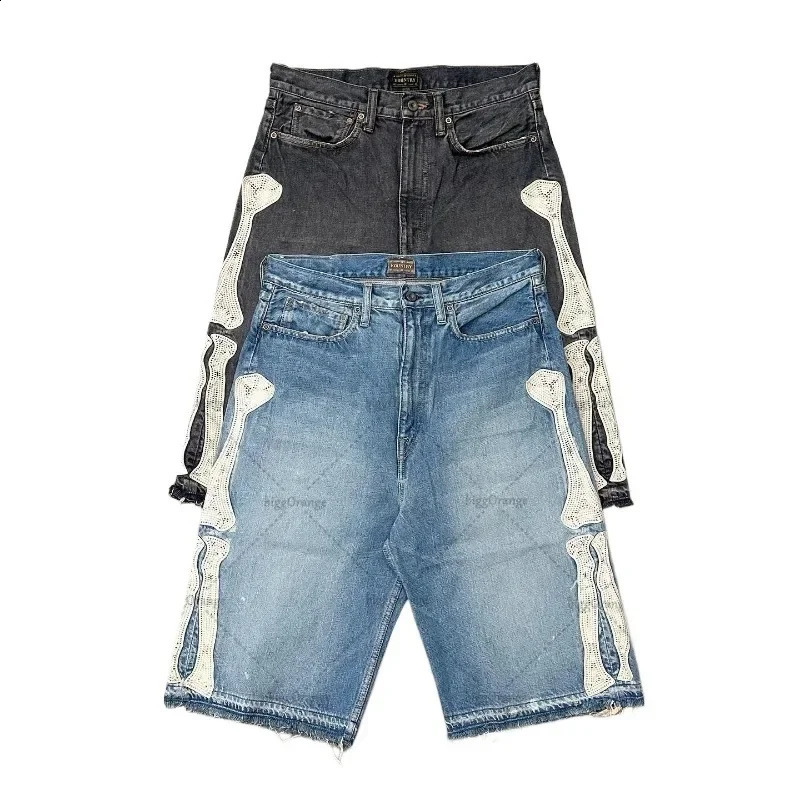 European and American Summer Retro Skeleton Denim Shorts Sports Casual Shorts Couple Wear Street Wear Five-Fifth Pants 250214