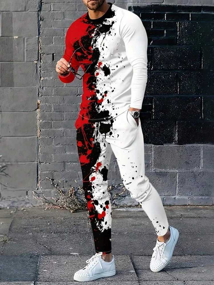 Magnificent Lion Print Mens Autumn Trend Round Neck Long Sleeve T-shirt 2pcs Outdoor Casual Comfortable Mens Top And PantsXJ250218