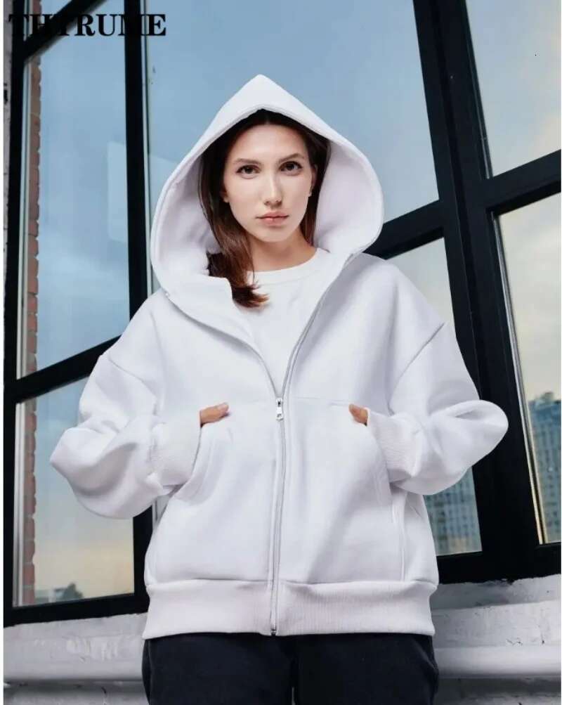 Elegant Oversized Solid New Hoodies Fashion Women Autumn Winter Long Sleeve Hooded Tops Casual Zipper Pocket Vintage Sweatshirts