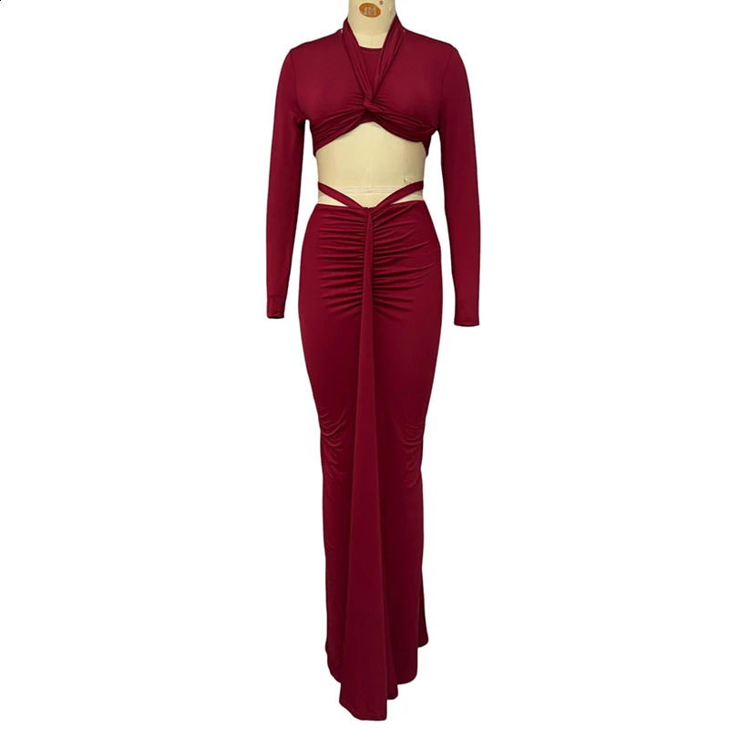 Wefads Two Piece Set Women Sexy Solid Long Sleeve Round Neck High Waist Pullover Top A Line Slim Pleated Hollow Out Skirt Sets 250218