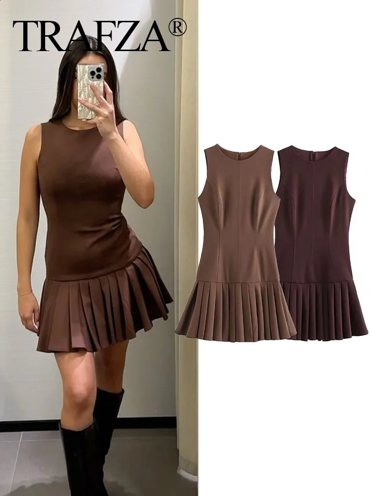 TRAFZA 2025 Fashion Woman Elegant High Street Slim Rear Zipper Pleated Dress Female Summer O-Neck Sleeveless Solid Mini Dress 250218