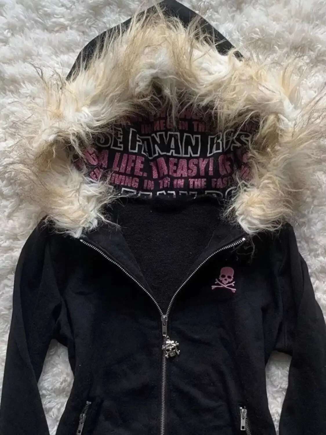Y2K Black Fur Collar Zipper Hoodie Sexy Women Sweatshirt Haruku Goth Letter Graphic Print Slim Coat Winter Clothes