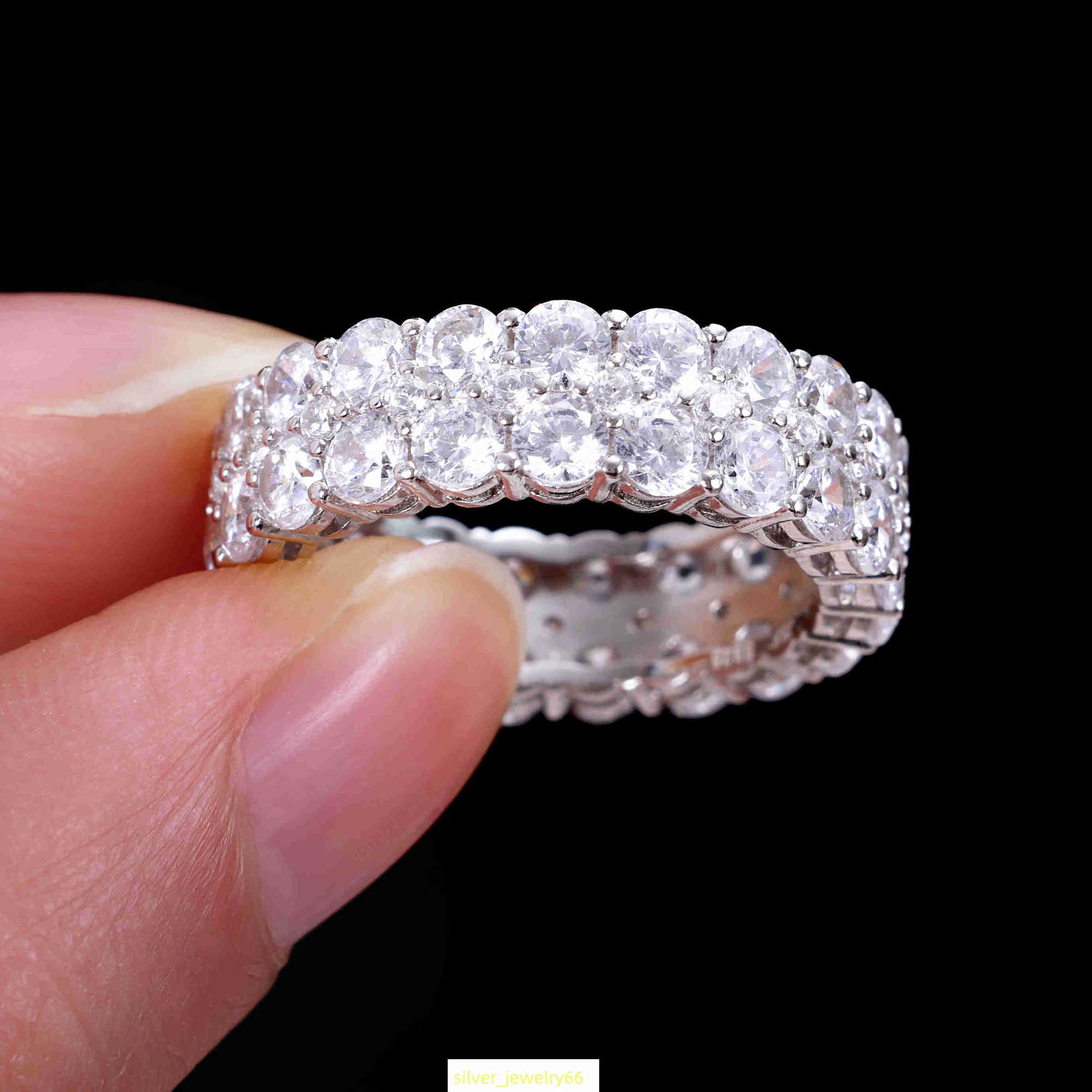 Luster Handmade 925 Sterling Silver Triple Paving Stones 6mm Wide Band GRA VVS Moissanite Wedding Band Ring