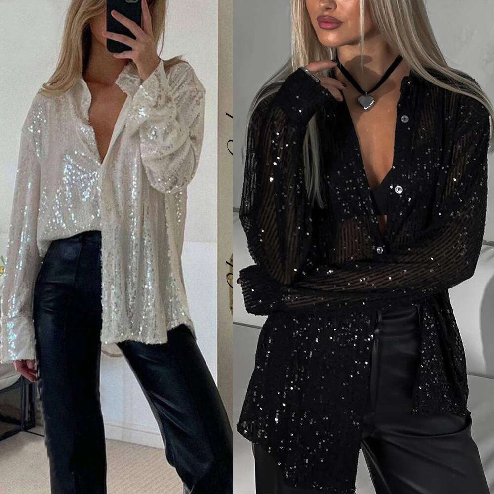 European American Bead Top with Long Sleeve Collar, Sexy Women's Shirt and Coat, 2025 Versatile New Trendy Clothing Ins