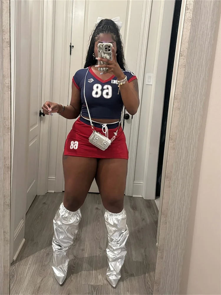 kliou Panelled Casual Women 2 Piece Set Summer Tracksuits Short Sleeve V-neck T-shirtsSolid Bandage Mini Skirts Female Outfits 250218