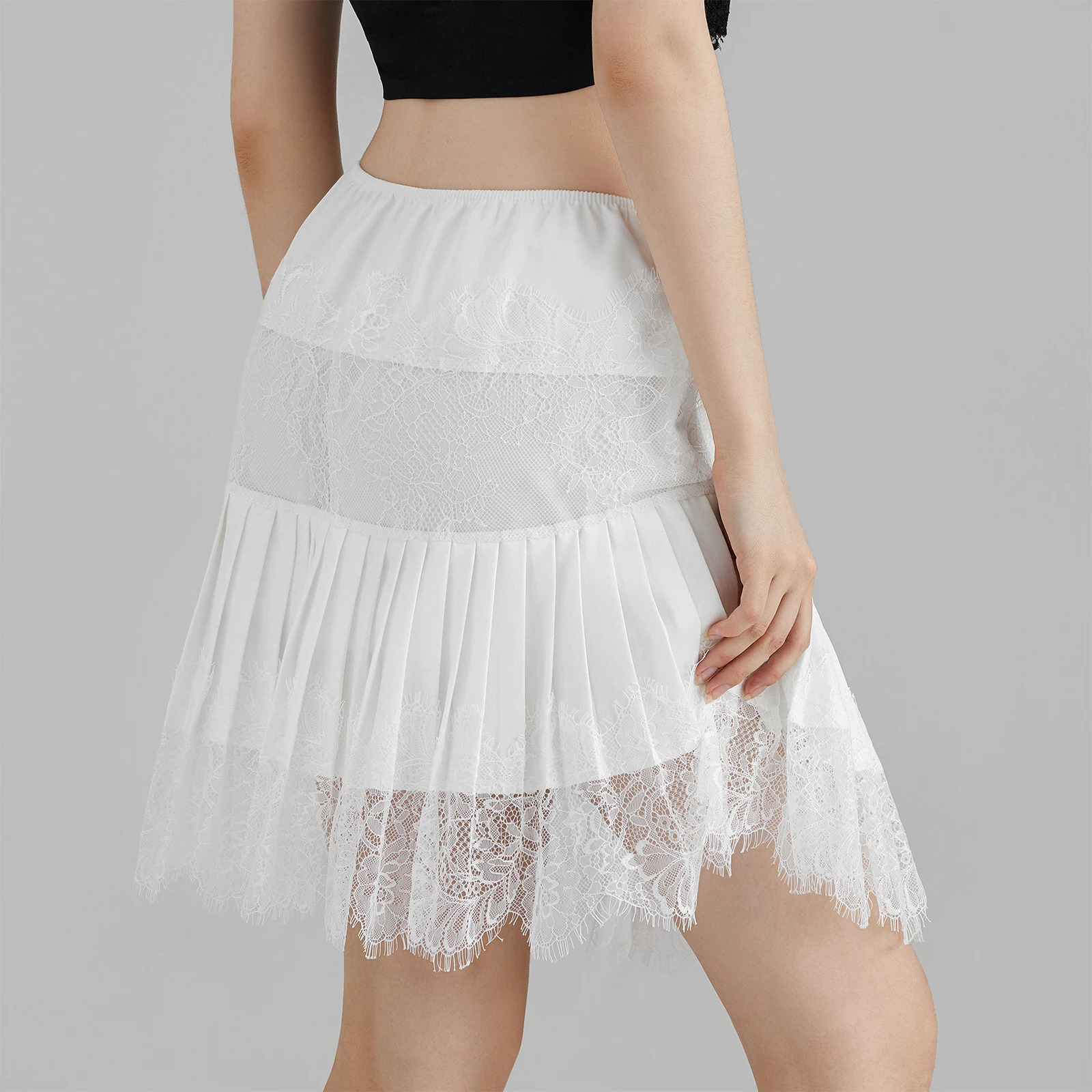 Y2k Lace Half Slip Skirt Flowy Ruffle Pleated Mini Skirts for Women Fairy Mesh Floral Mid Rise Layered Short Streetwear 250213