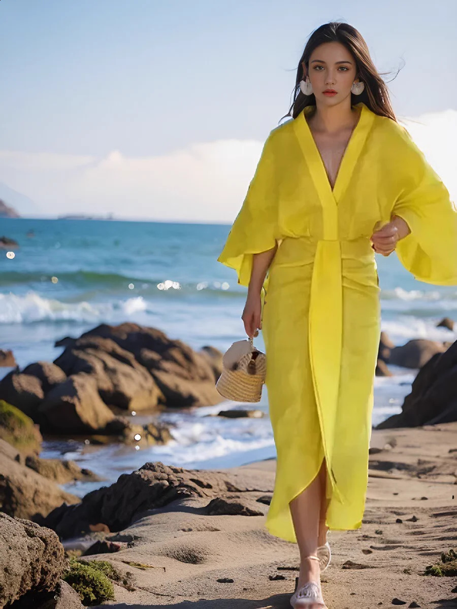 Fashion Solid Pleated Split Midi Dress For Women Elegant V-neck Flare Sleeves Loose Vestidos Summer Chic Vocation Vestidos 250218