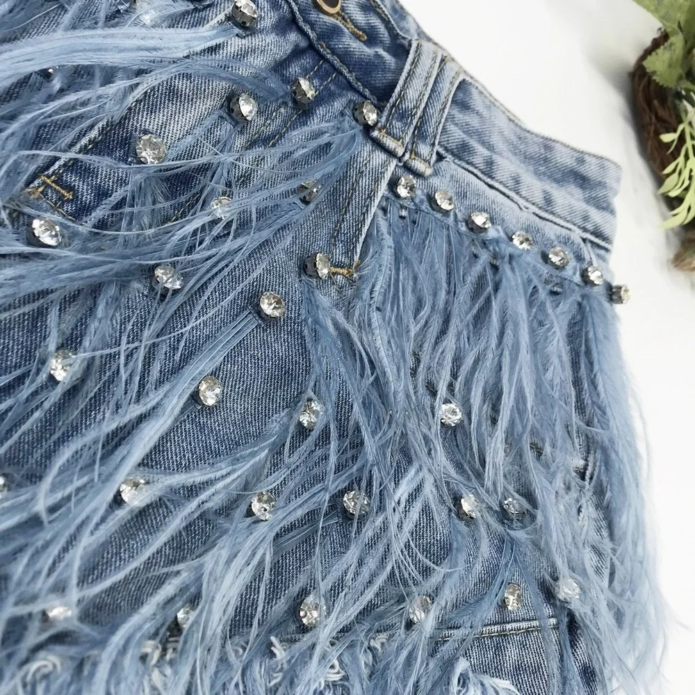 Rhinestone Beaded Exquisite Feather High Waist Denim for Womens Blue Jeans Shorts DS Nightclub Sexy Pants Fashion 250217