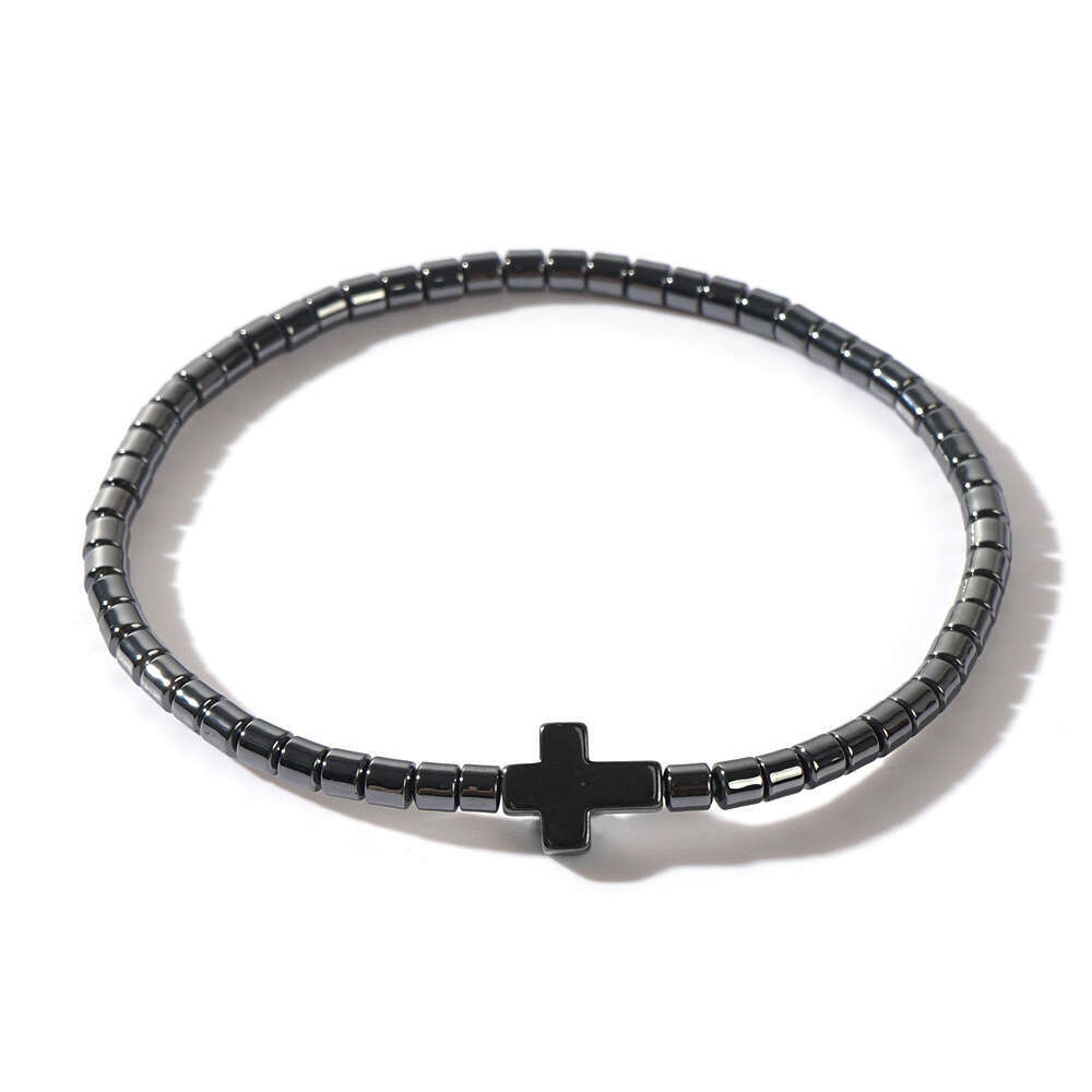 Gun colored cydrical black gallstones handmade men's cross elastic rope bracelet