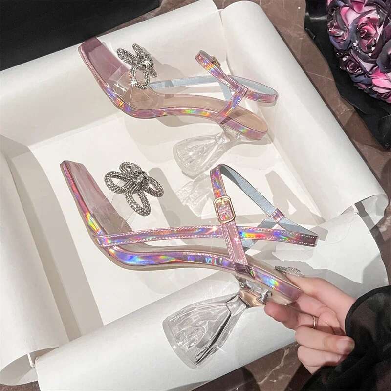 Fashion Butterfly-knot Buckle Strap Square Toe Woman Sandals Crystal Transparent High Heels Party Shoes atos De Mujer