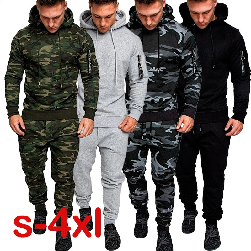 Autumn Camouflage Grey Mens Outfits Hoodies Winter Casual Sports Sweatpants Hooded High Quality Pant Camo Tracksuit 2pcs Set 250218