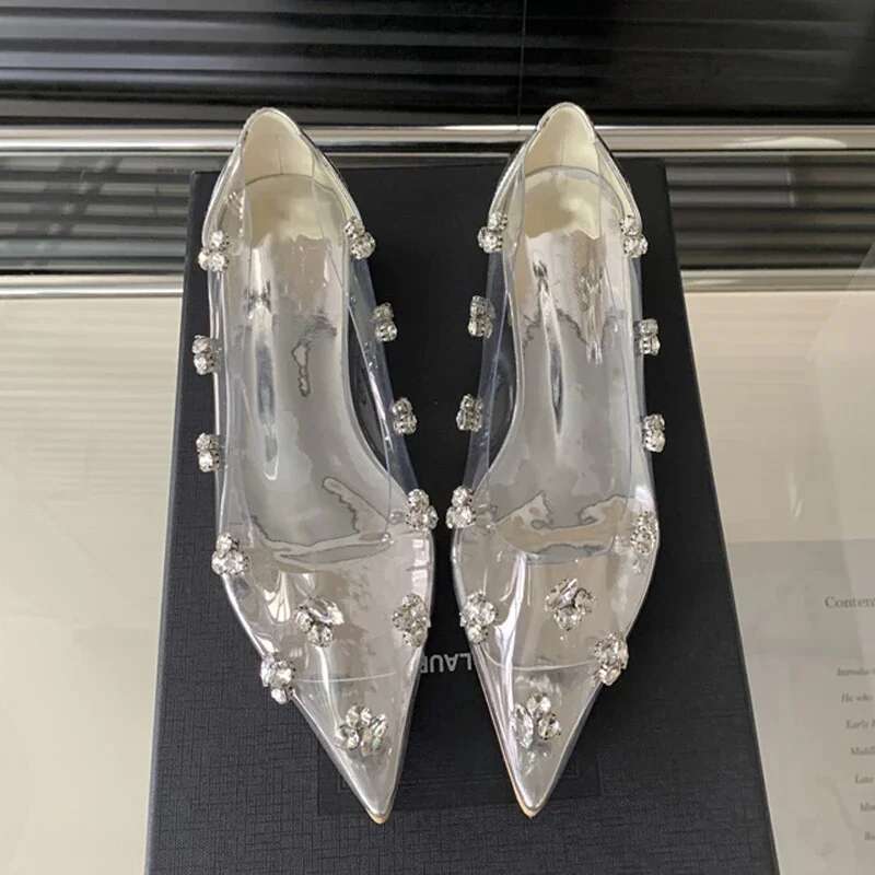 Spring Fashion Crystal PVC Transparent Women Pumps Elegant Pointed Toe Square Low Heels Sandals Ladies Shoes