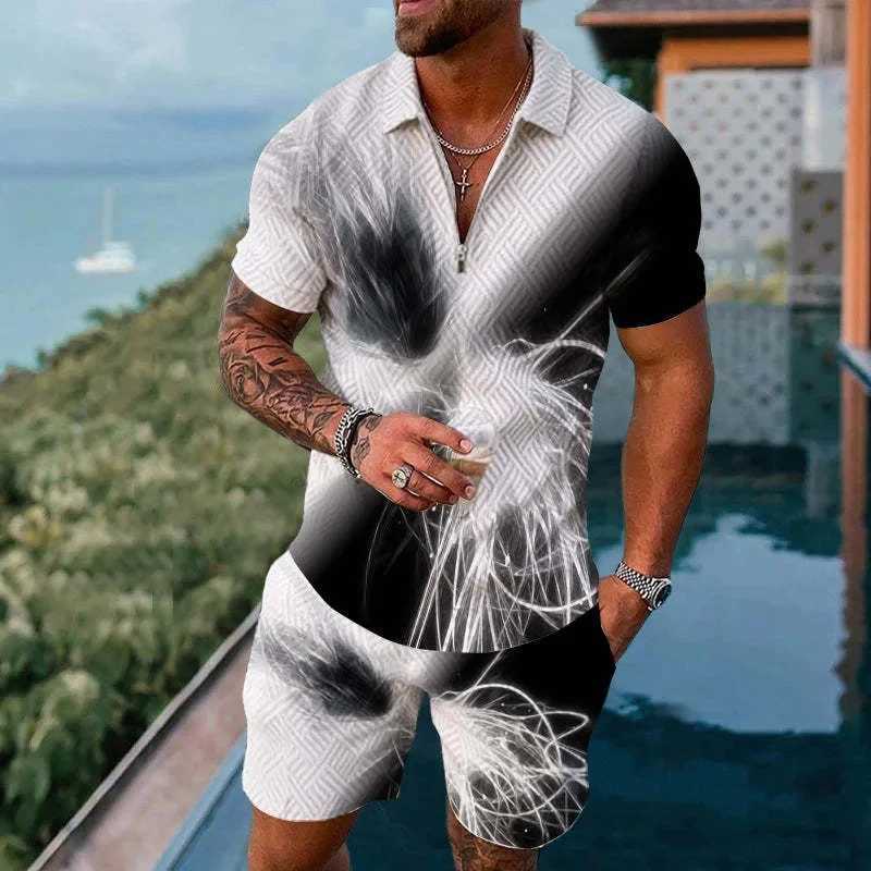 Solid Color Gradient Print Men Sweatsuit Set Summer Casual Zipper Polo Shirt And Shorts 2pcs Sets Fashion Man Pullover ClothingXJ250218