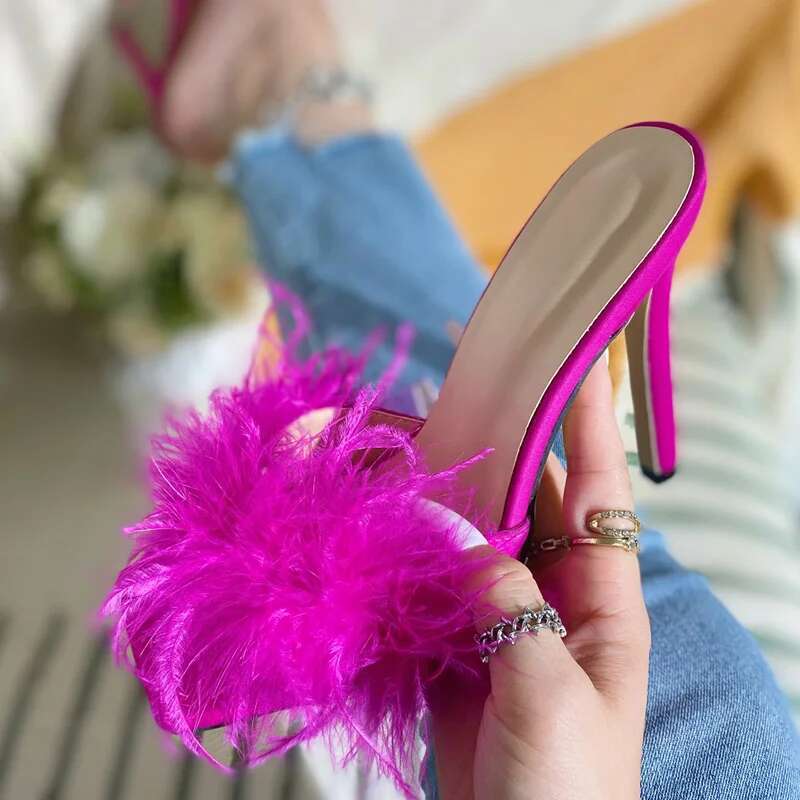 Sexy Fluffy Furry Women Slippers Female Party Mules Thin Heels Summer Sandals Slides atillas De Mujer
