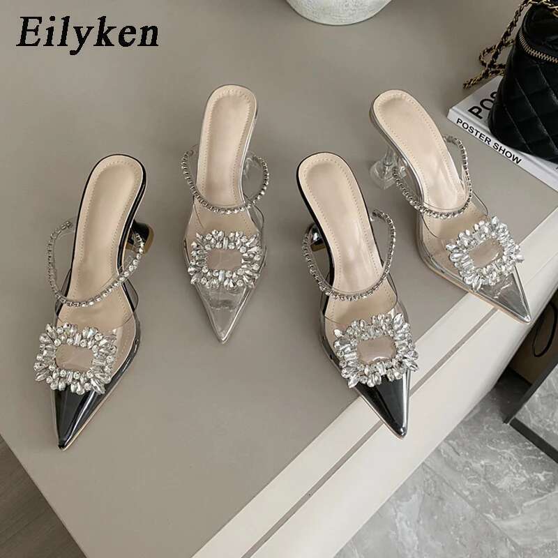 PVC Transparent Square Buckle Pumps Perspex Heel High Heels Pointed Toe Crystal Sgbacks Women Shoes