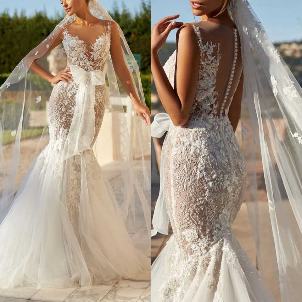 Elegant Mermaid Wedding Dress Sheer Neck Sleeveless Bridal Gowns Appliques Sequins Sweep Train Dresses Custom Made vestidos de novia