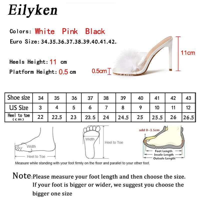 Fashion Feather Thin Heels Fur PVC Slippers Sandals Women Peep Toe Mules Ladies Pumps Slides Shoes Size 35-42