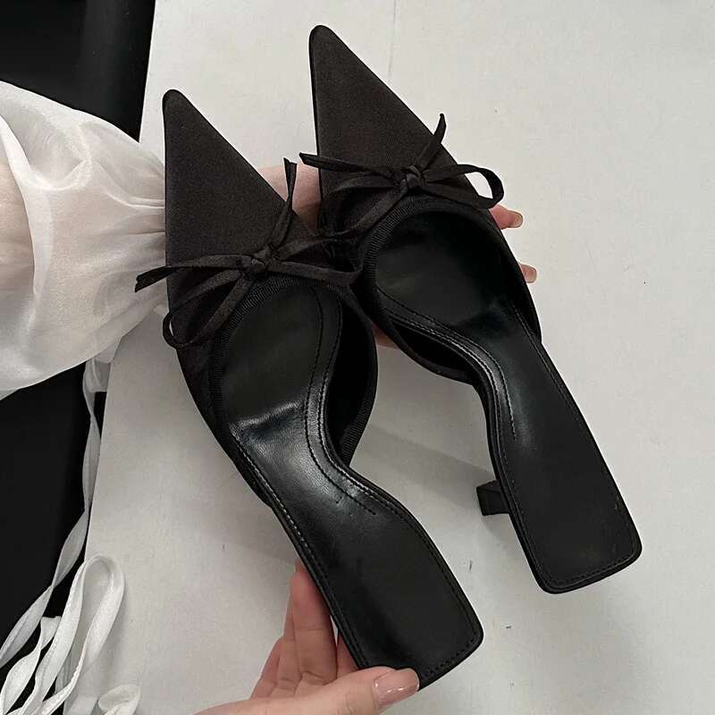 2025 Spring New Butterfly-knot Women Slipper Pointed Toe Slip On Ladies Mules Thin Low Heel Sandal Shoes atos Mujer