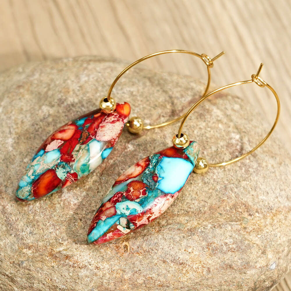 New Bohemian Rice Shaped Blue and Red Emperor Stone Pendant Earrings Popular Ins Ear Accessories